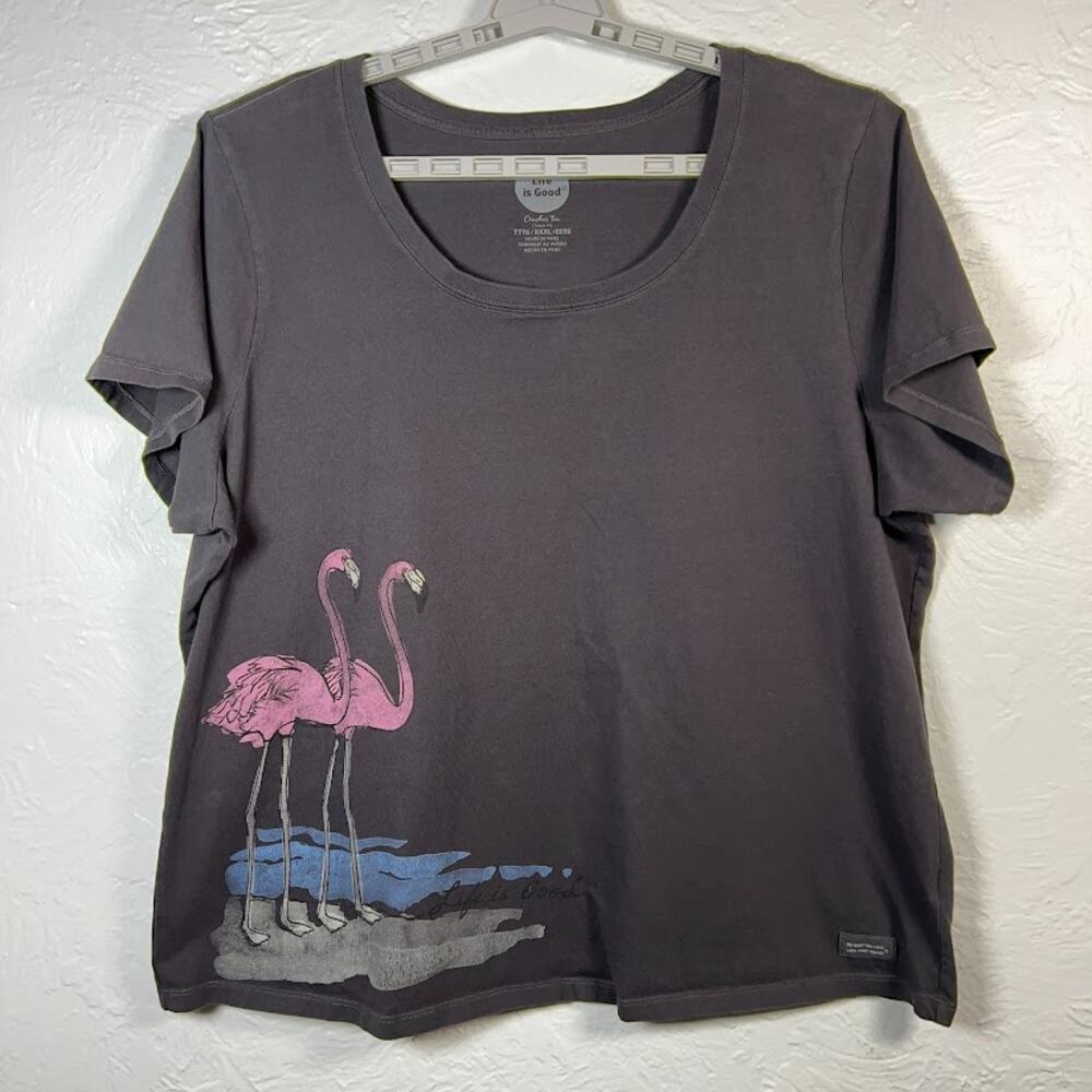 Life is Good Flamingo Graphic Short Sleeve Tee Gray 3XL W Cotton Crusher Shirt